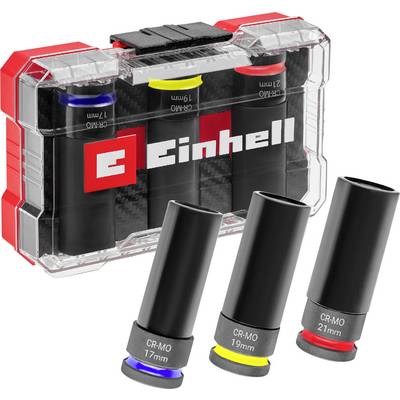 Einhell dugókulcs-készlet négy színkóddal ellátott dugókulccsal (17mm, 19mm, 21mm) átlátszó tokban.