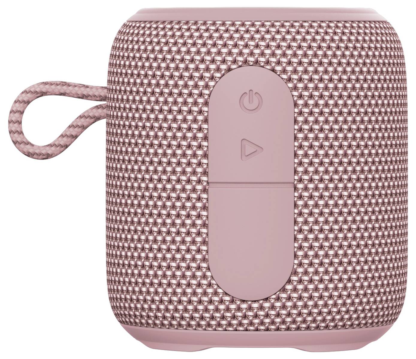Egy rózsaszínű, textilborítású hordozható hangszóró, which has a carrying strap, alkalmas zenehallgatásra útközben.