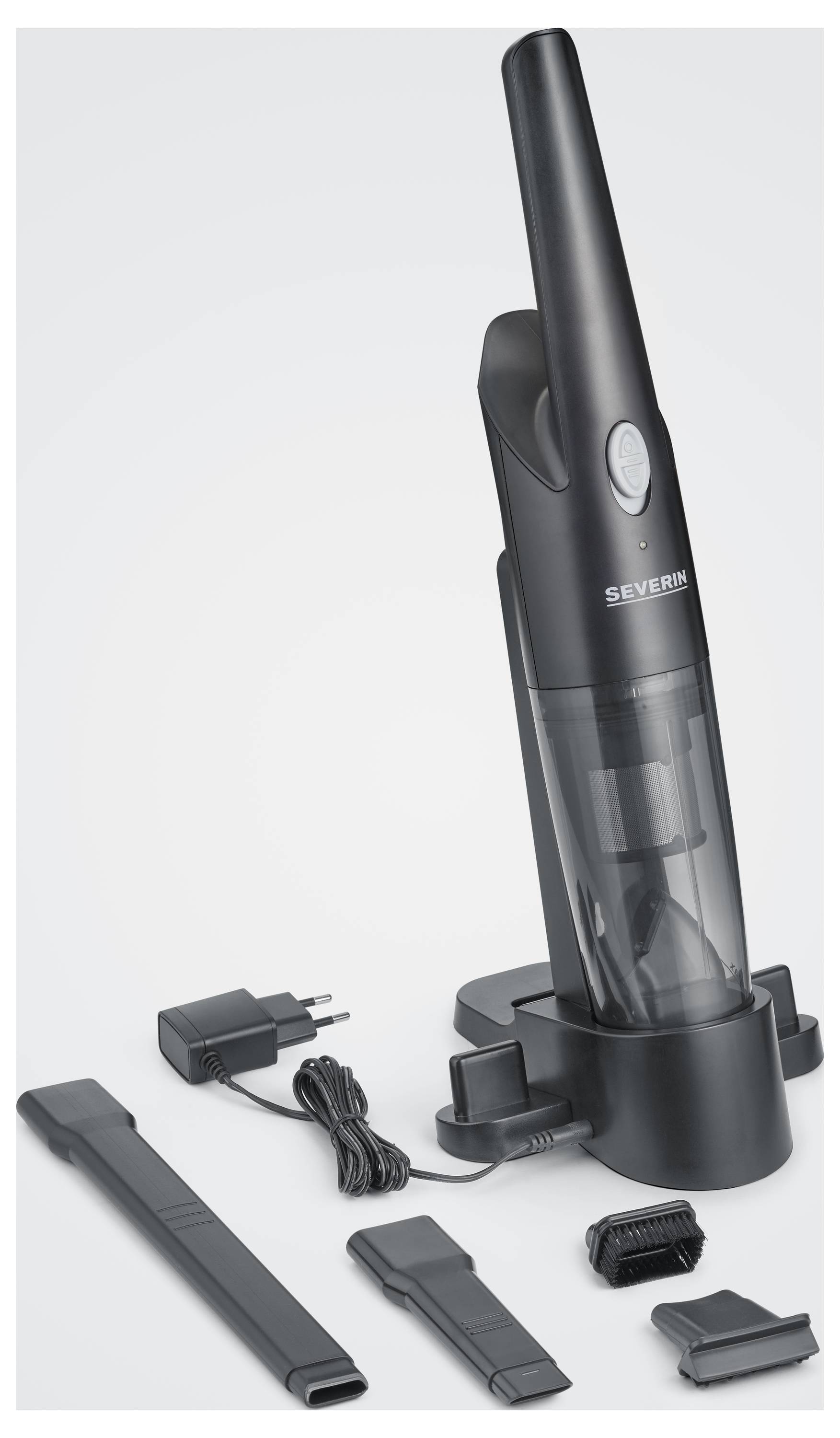 Fekete, hordozható kézi porszívó tartozékokkal: hosszú szívófej, kefe, töltőállomás és tápegység. Kompakt, modern dizájn.