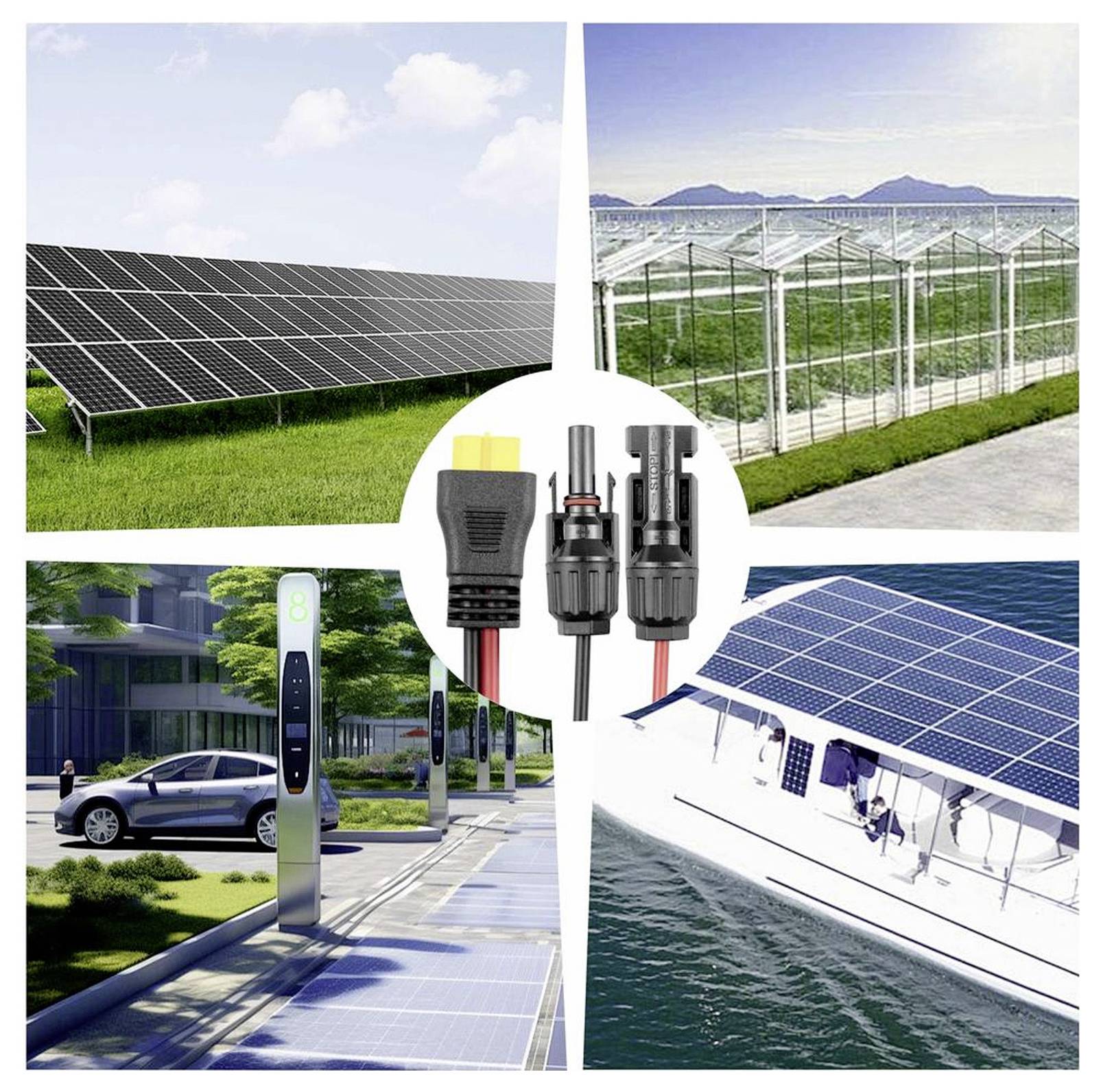Napelemek alkalmazásának kollázsa: napelemes mezők, üvegházak, elektromos járművek töltőállomásai és egy napelemes hajó.