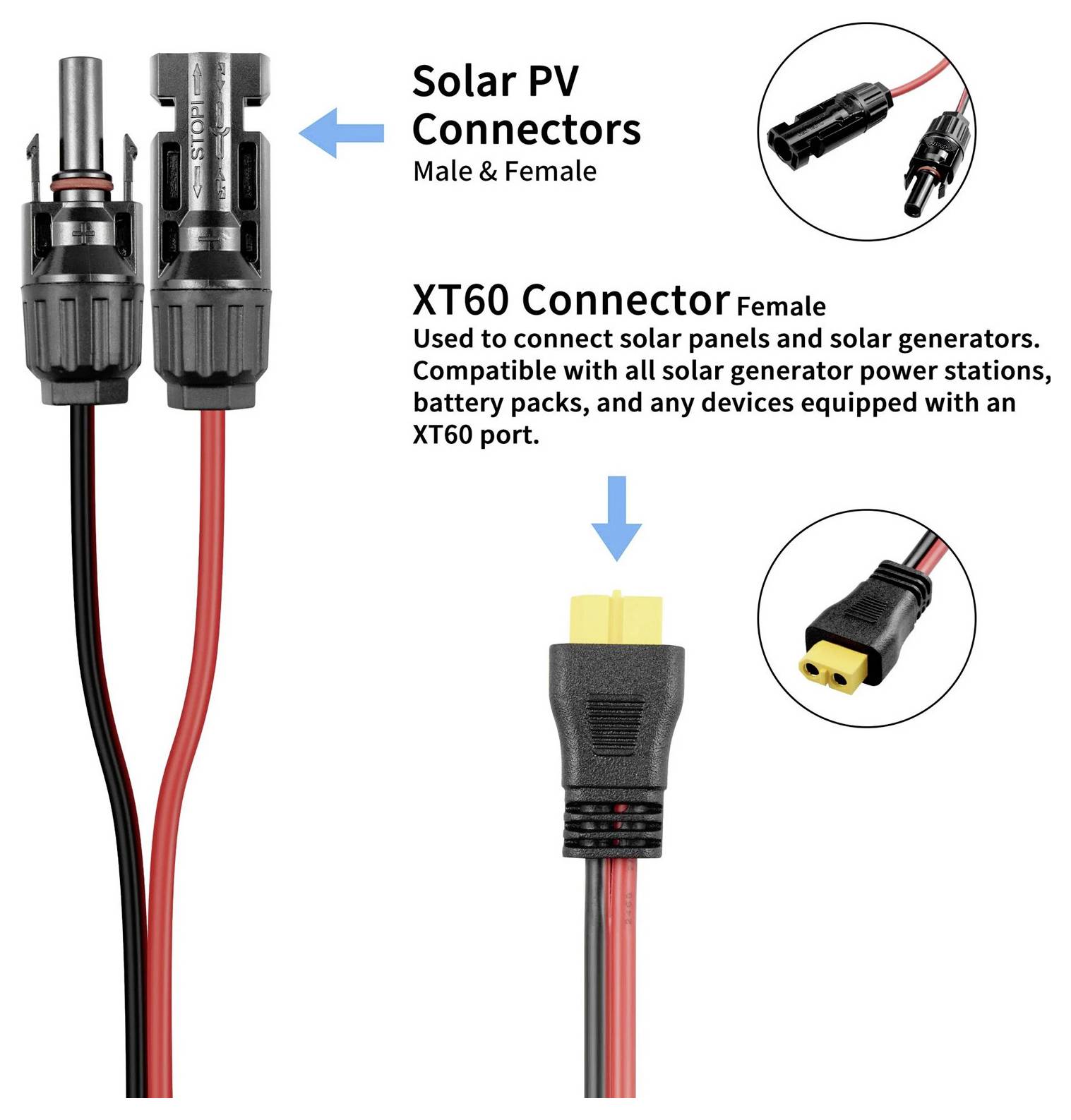 'Napelemes PV csatlakozók és XT60 csatlakozó. Napelemekhez, generátorokhoz és XT60 porttal rendelkező eszközökhöz használatos. Férfi és női részek láthatók.'
