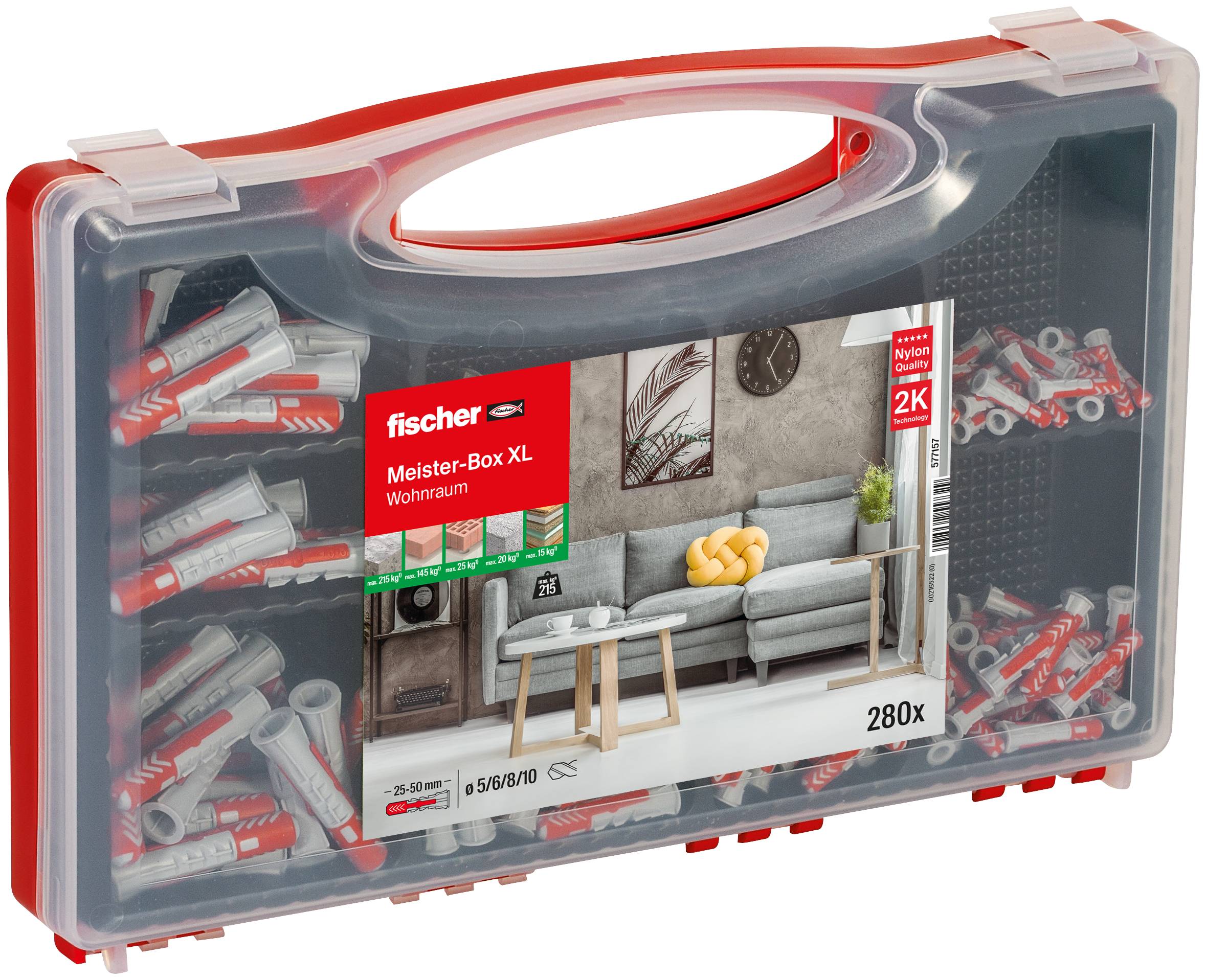 Átlátszó műanyag Fischer Meister-Box XL falitöplü és csavar doboz, amelyen a „280x" és „2K" felirat látható, vegyes rögzítőelemekkel a belsejében.