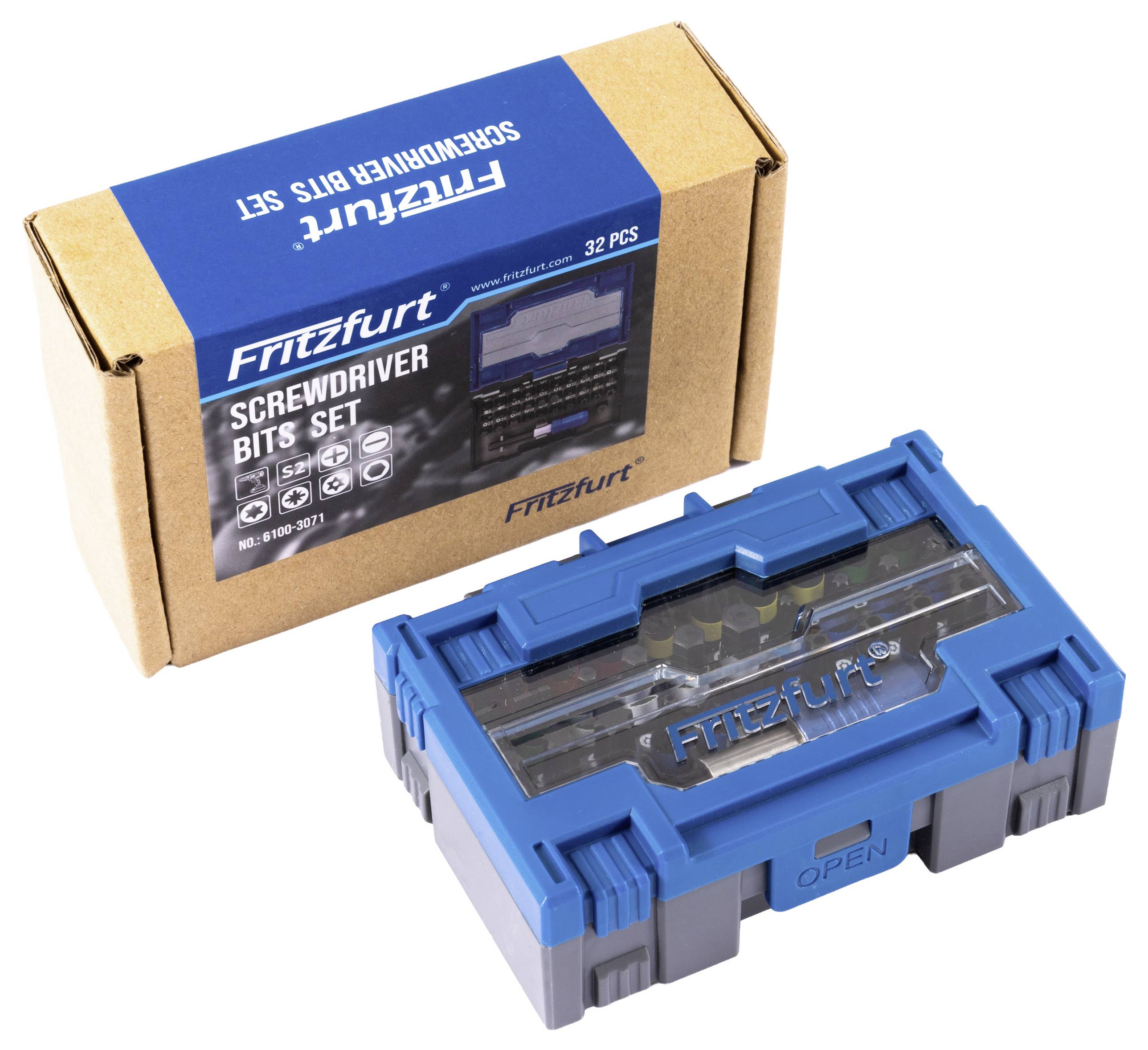32 darabos csavarhúzó bit-készlet feliratozással ellátott kartondobozban, kék műanyag tokban, amelyben különböző bitek láthatók.