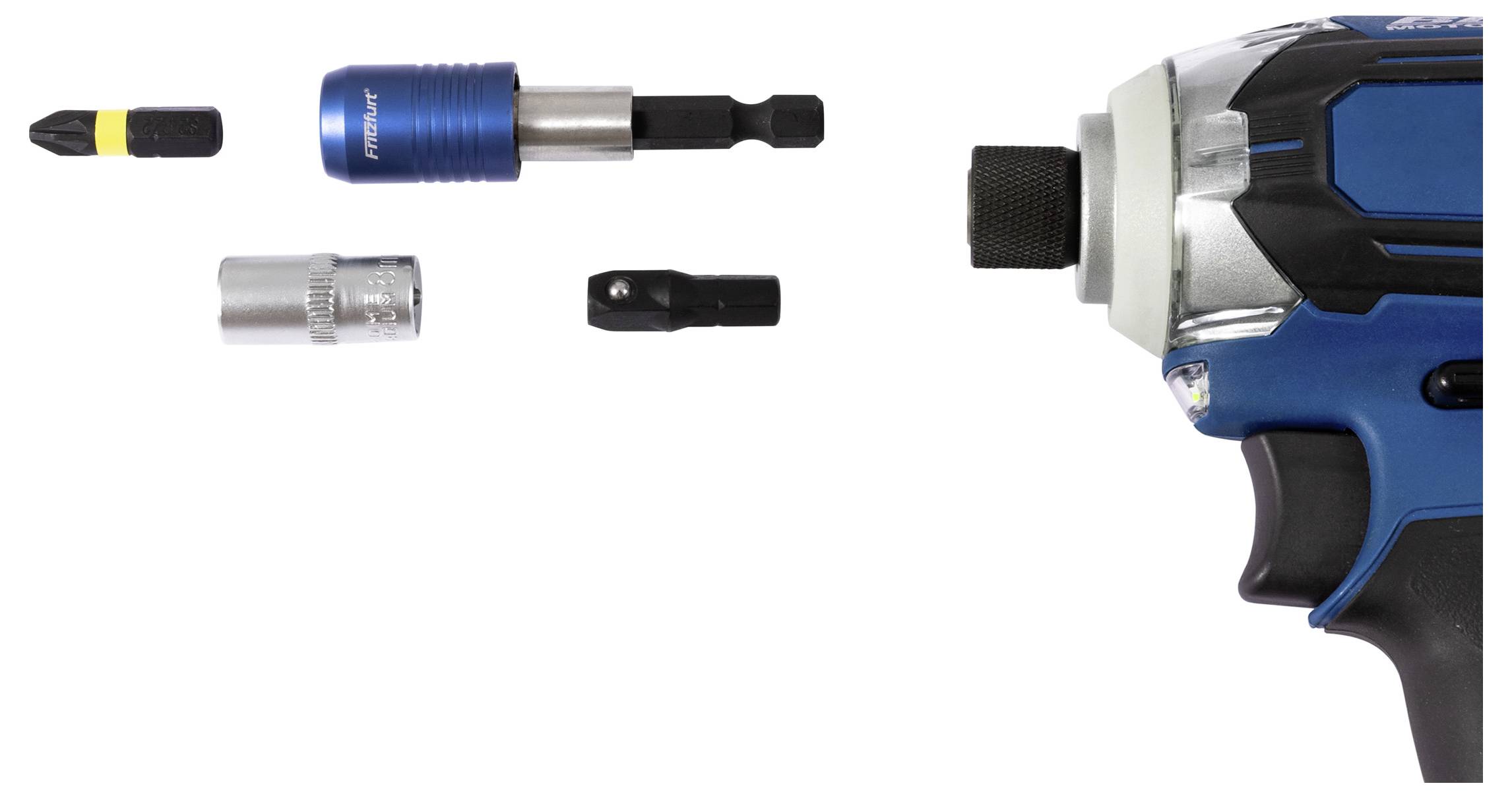 Egy elektromos csavarhúzó cserélhető bitekkel és dugókulcsokkal, amelyeket mellette rendeztek el, bemutatva a különböző szerszámfeltéteket.