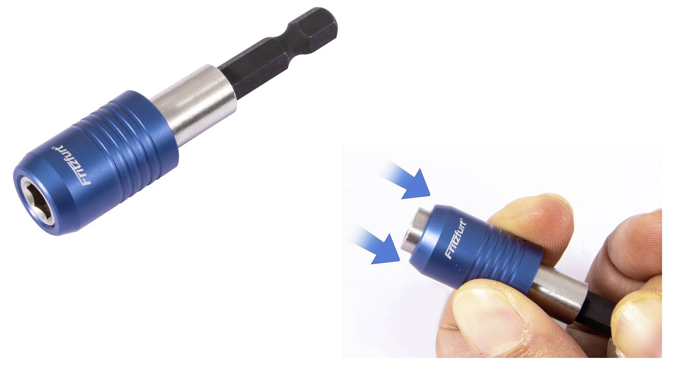 Egy kék mágneses hatszögű bit tartó látható. A beillesztett kép bemutatja, hogy a hüvelykujj és a mutatóujj hogyan nyomja meg a gallért a bit kioldásához vagy rögzítéséhez.