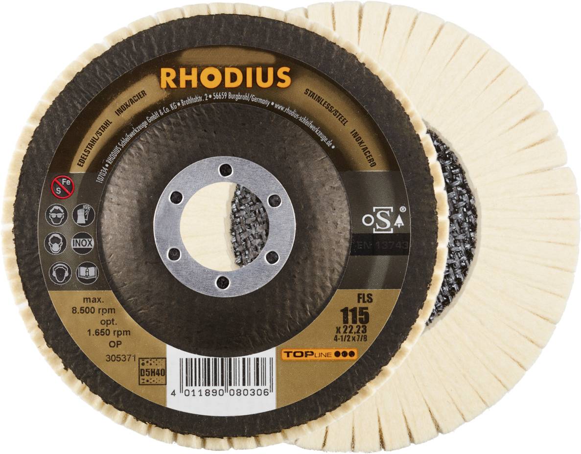RHODIUS FLS, 2 filclapos polírozógép 115 x 22,23 mm, TOPline, Németországban gyártott, rozsdamentes acélhoz, acélhoz, színesfémekhez Rhodius 305371
