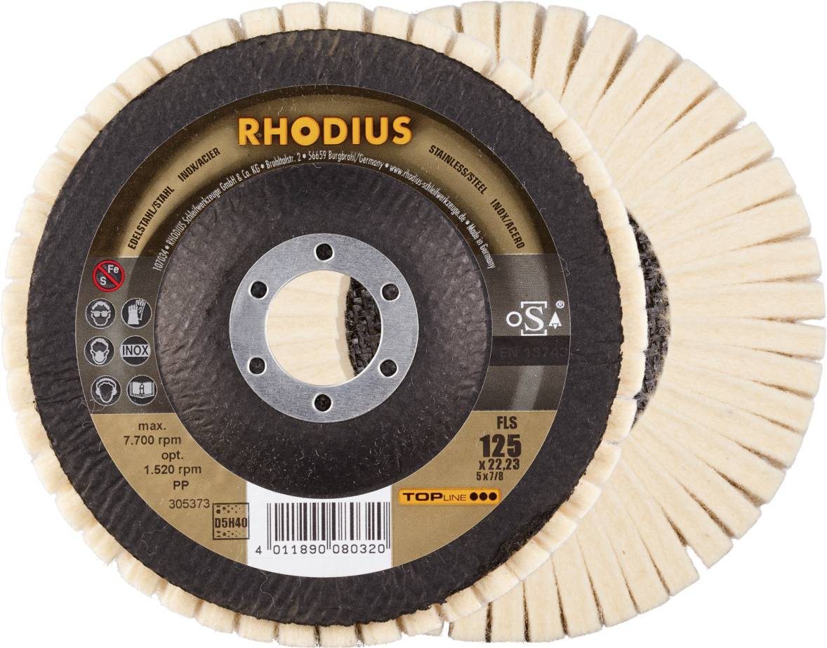 RHODIUS FLS, 2 filclapos polírozógép 125 x 22,23 mm, TOPline, Németországban gyártott, rozsdamentes acélhoz, acélhoz, színesfémekhez Rhodius 305373