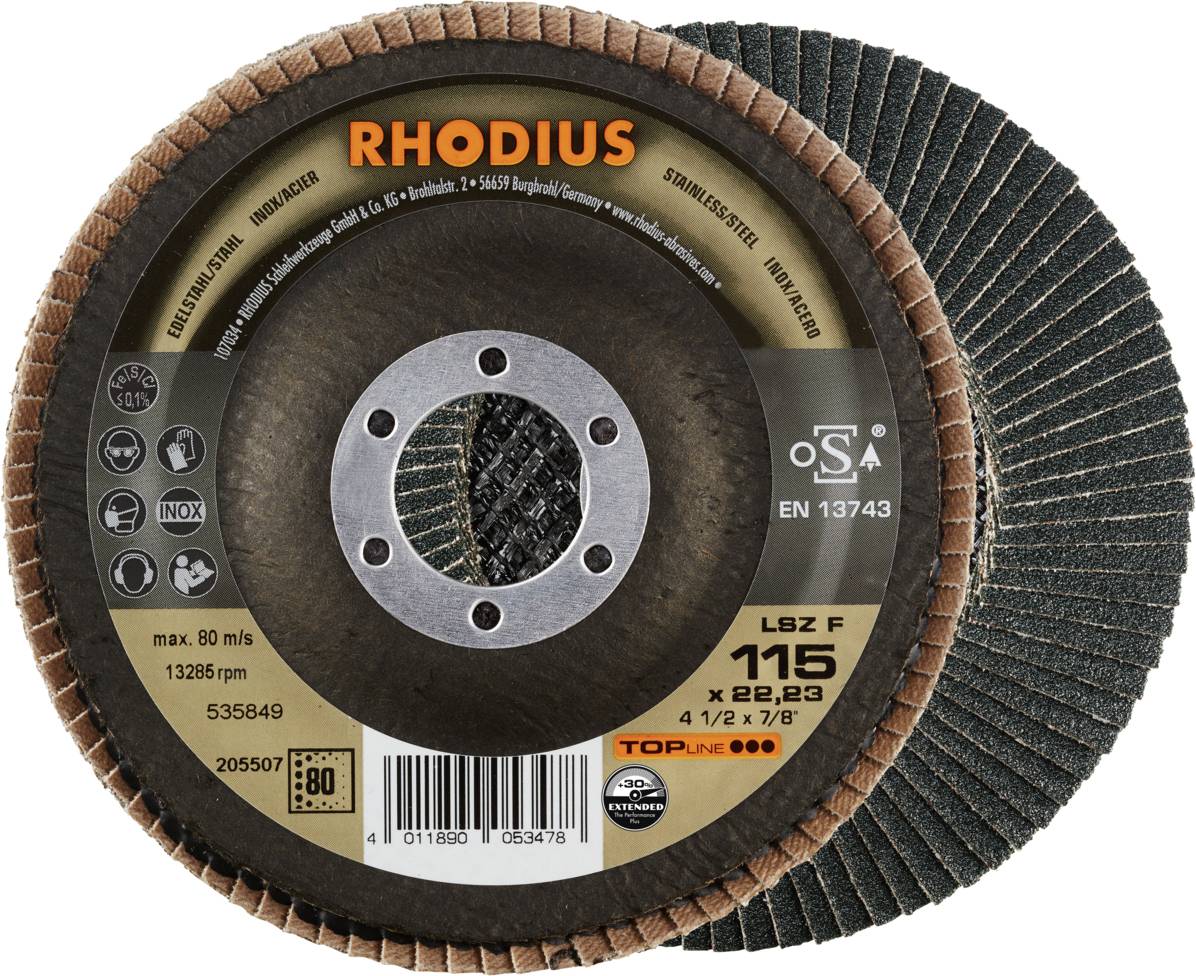 Rhodius 205507 LSZ F EXTENDED Felületcsiszoló korong Szemcsézet 80 Nemesacél, Acél 10 db