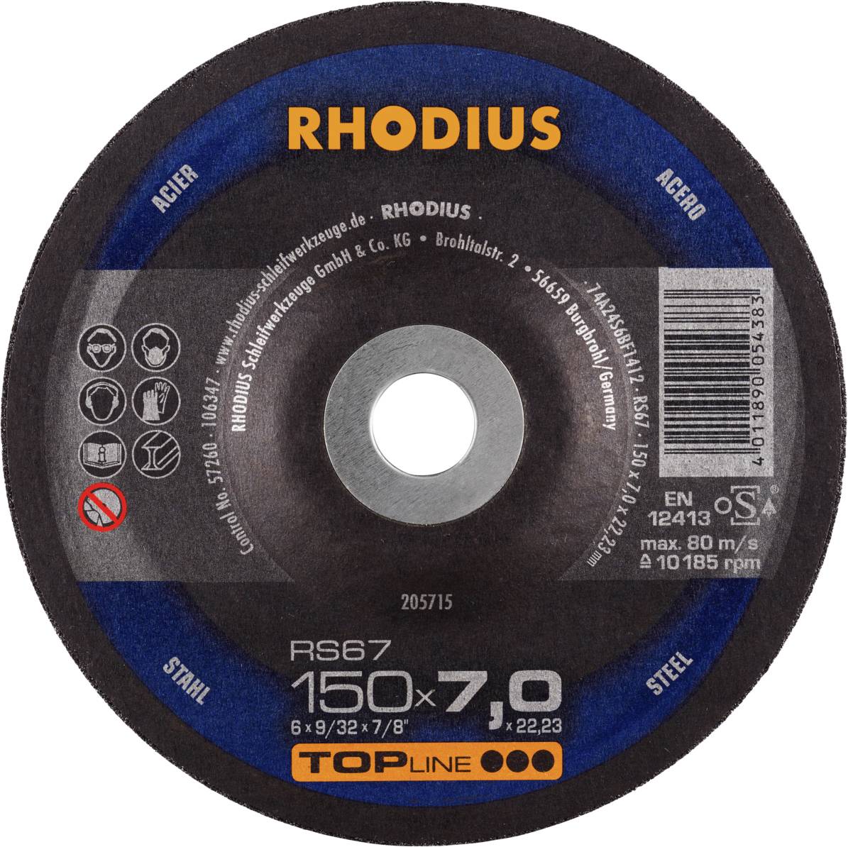 Rhodius 205715 RS67 Csiszolókorong Acél 10 db