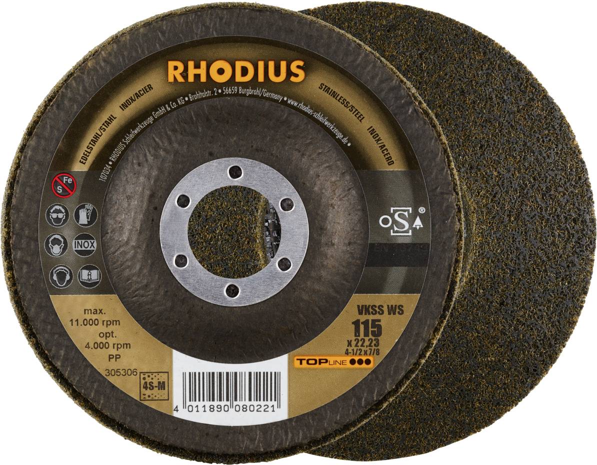 Rhodius 305306 RHODIUS VKSS WS, 2 db gyapjú kompakt lemez 115 x 22,23 mm, szögletes, 4S-közepes, TOPline, Németországban gyártott, rozsdamentes acélhoz,
