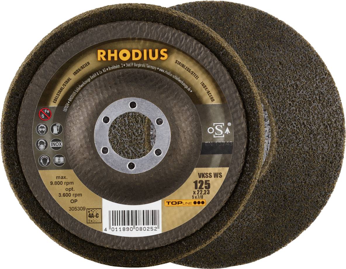 Rhodius 305309 RHODIUS VKSS WS, 2 db gyapjú kompakt lemez 125 x 22,23 mm, szögletes, 4A durva, TOPline, Németországban gyártott, rozsdamentes acélhoz, acélhoz,