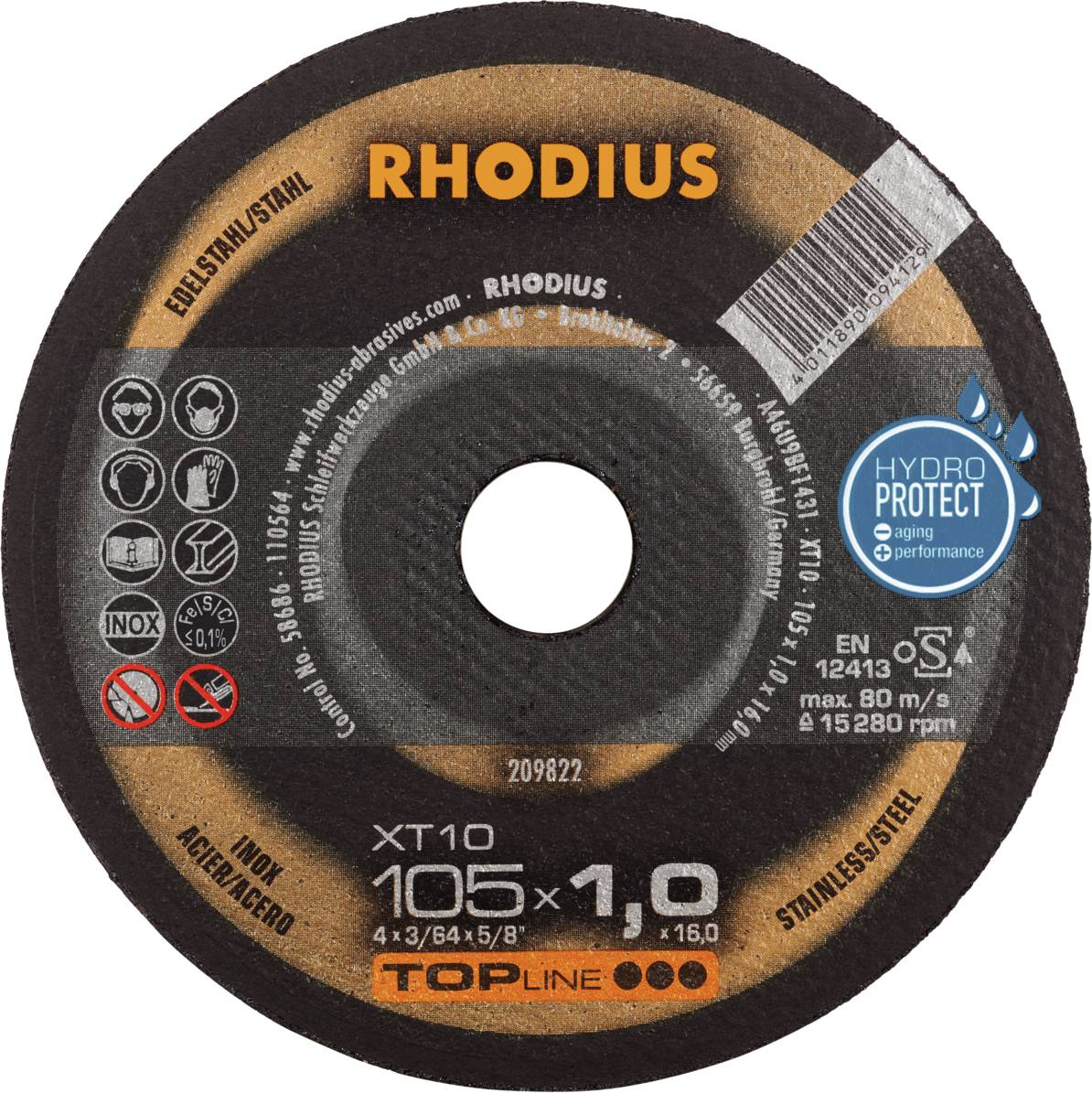Rhodius feliratú csiszolótárcsa, alkalmas rozsdamentes acélhoz. Átmérő 105 x 1,0 x 16 mm, maximális fordulatszám 15.280 ford/perc.