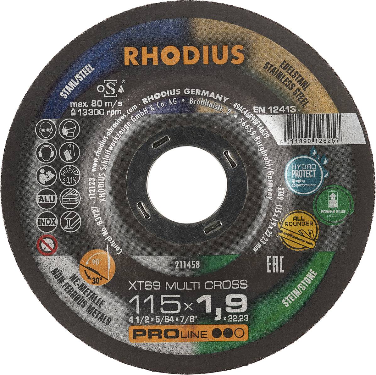 'RHODIUS XT69 MULTI CROSS' Vágókorong különböző anyagokhoz, 115x1,9 mm, biztonsági tanúsítványokkal és műszaki részletekkel.