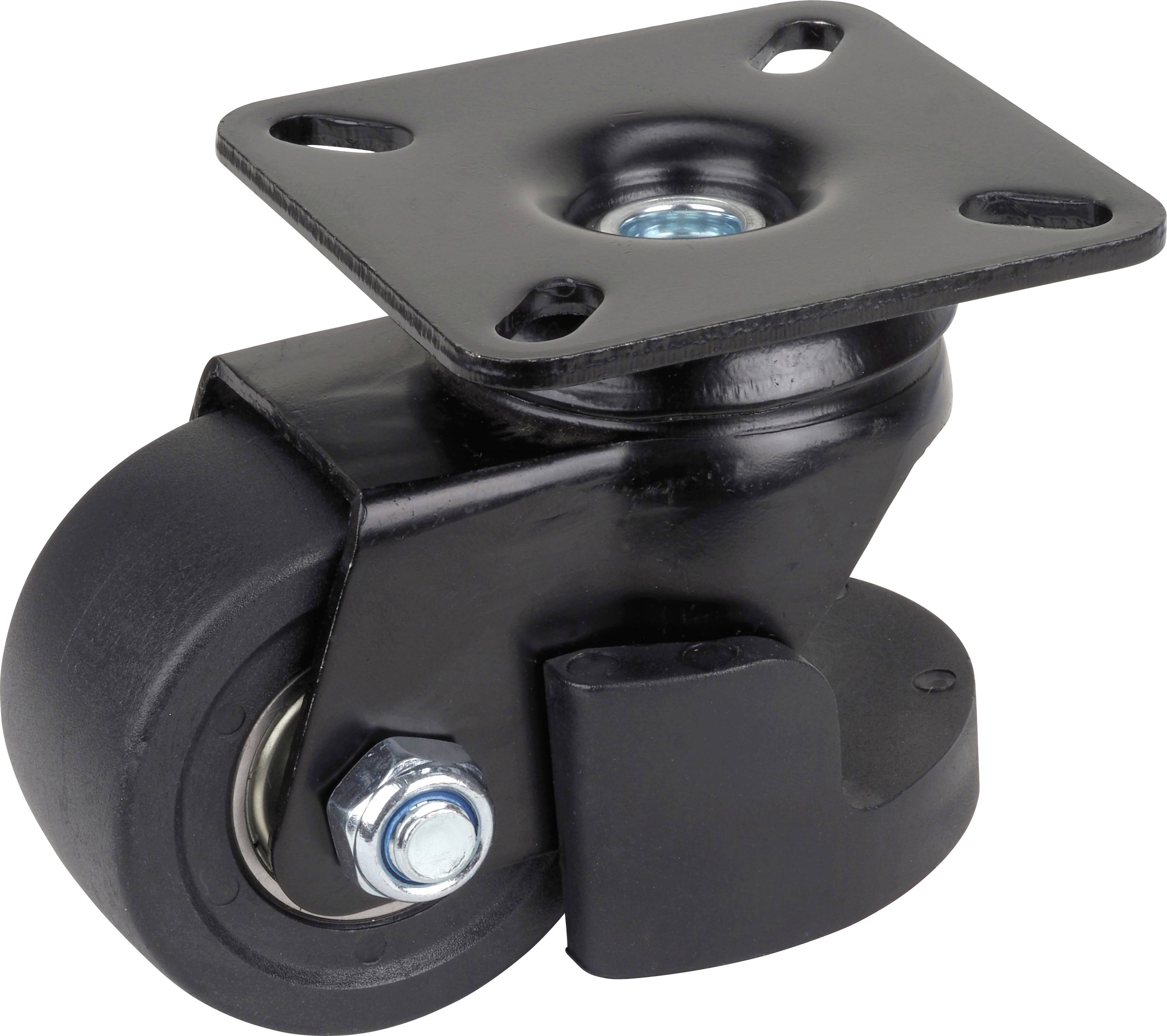 Fekete kormányzógörgő szerelőlappal, kerékkel és rögzítőanyaggal. Alkalmas bútorokhoz vagy mobil eszközökhöz.