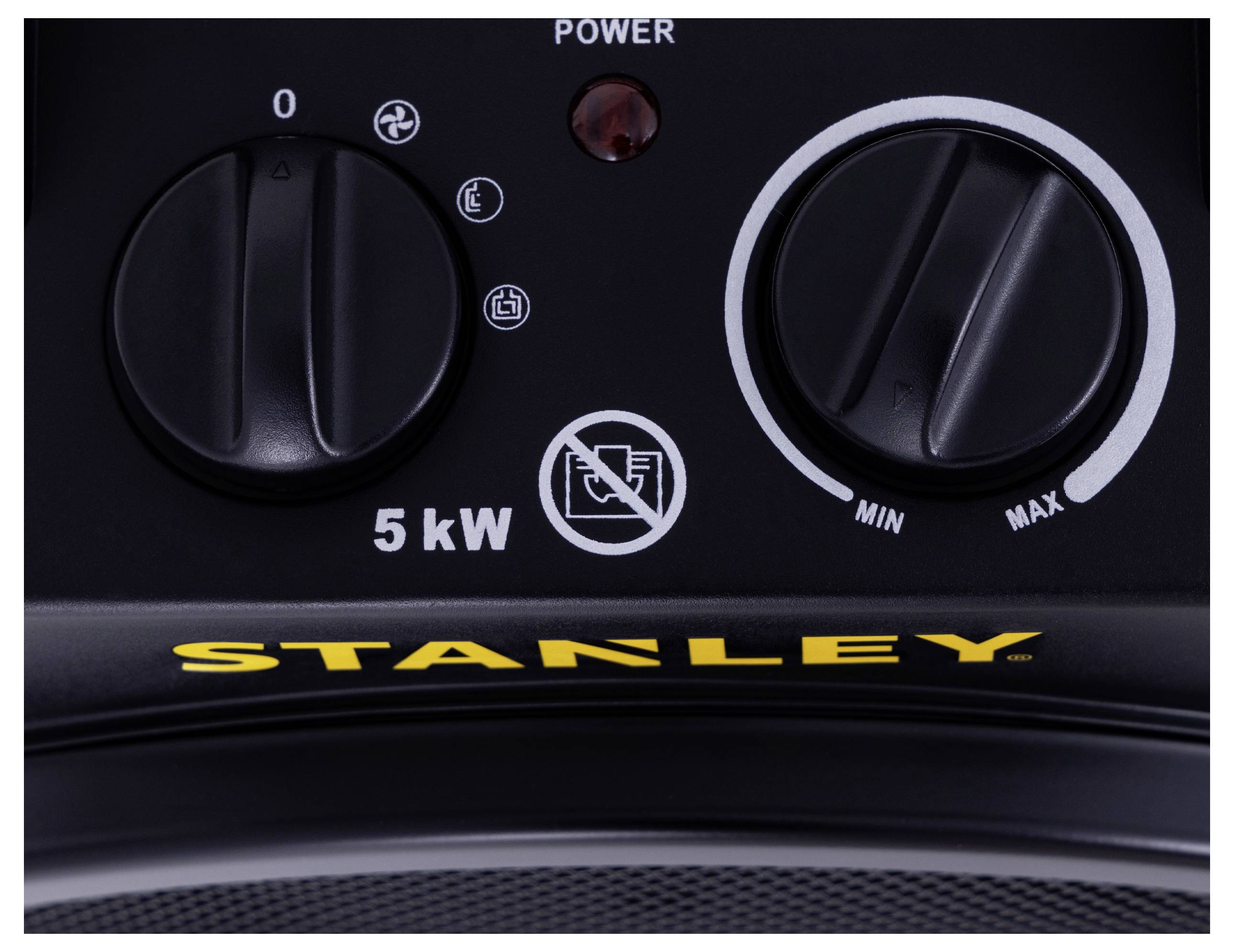"Stanley" márkájú panel két tárcsával a teljesítmény és hőbeállítások számára, kilowattban jelölve, legfeljebb 5 kW-ig.