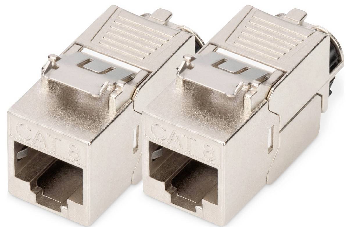 Két ezüstszínű Cat 8 Ethernet-csatlakozó egymás mellett. Téglalap alakúak, és védőfedéllel rendelkeznek a csatlakozó védelme érdekében.