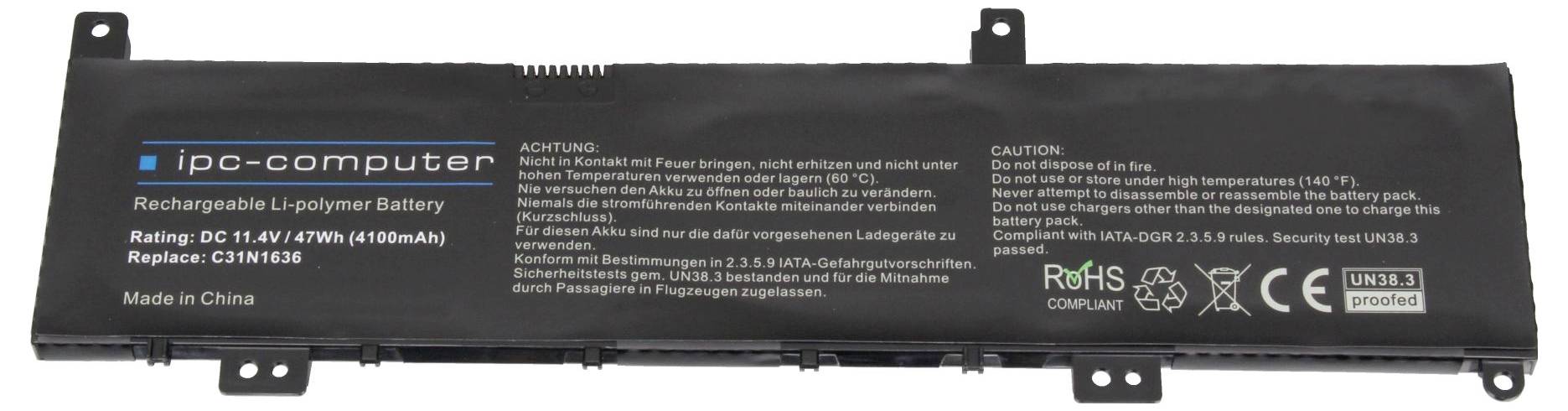 IPC-Computer fekete, téglalap alakú, újratölthető lítium-polimer akkumulátora, amelynek előlapján specifikációk és figyelmeztető jelzések találhatók.