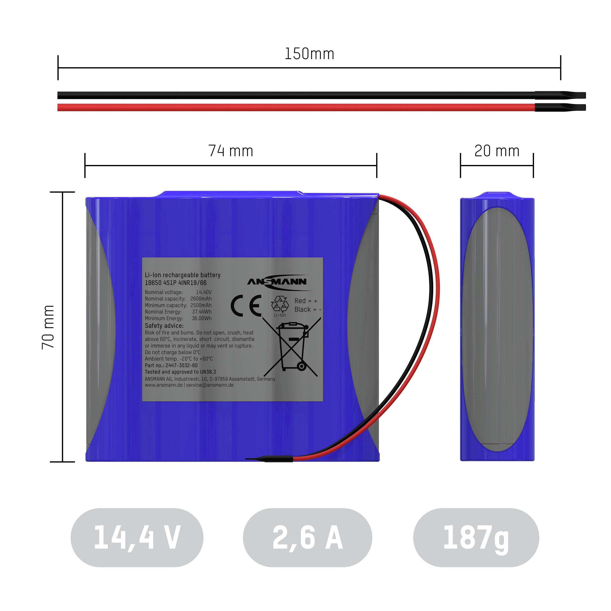 A képen egy újratölthető lítium-ion akkumulátor látható, méretei 150 mm x 70 mm x 74 mm. Feszültség: 14,4 V, áramerősség: 2,6 A.