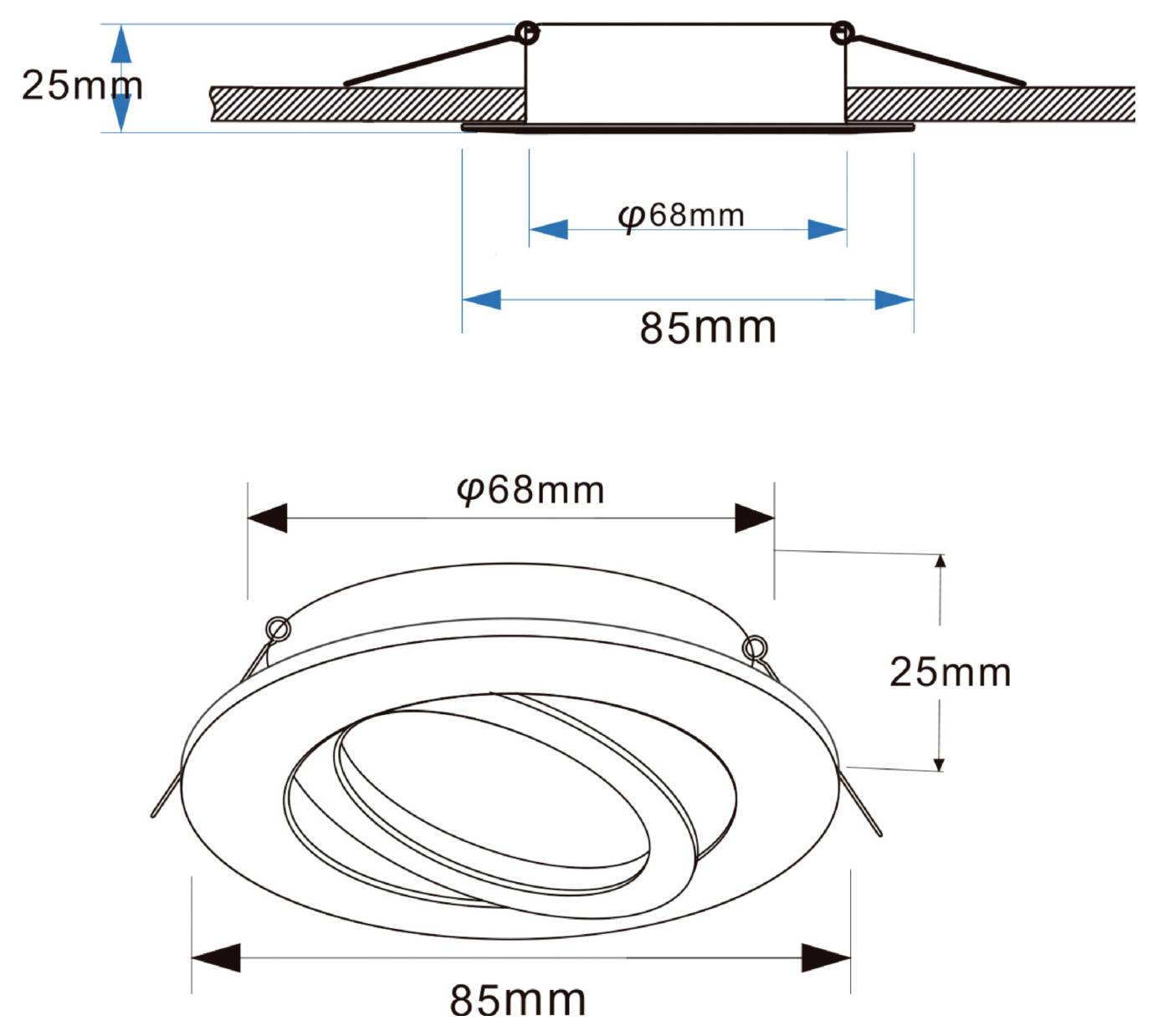 Egy süllyesztett, kerek lámpatest műszaki rajza, a méretekkel: 85 mm külső átmérő, 68 mm-es nyílás és 25 mm mélység.