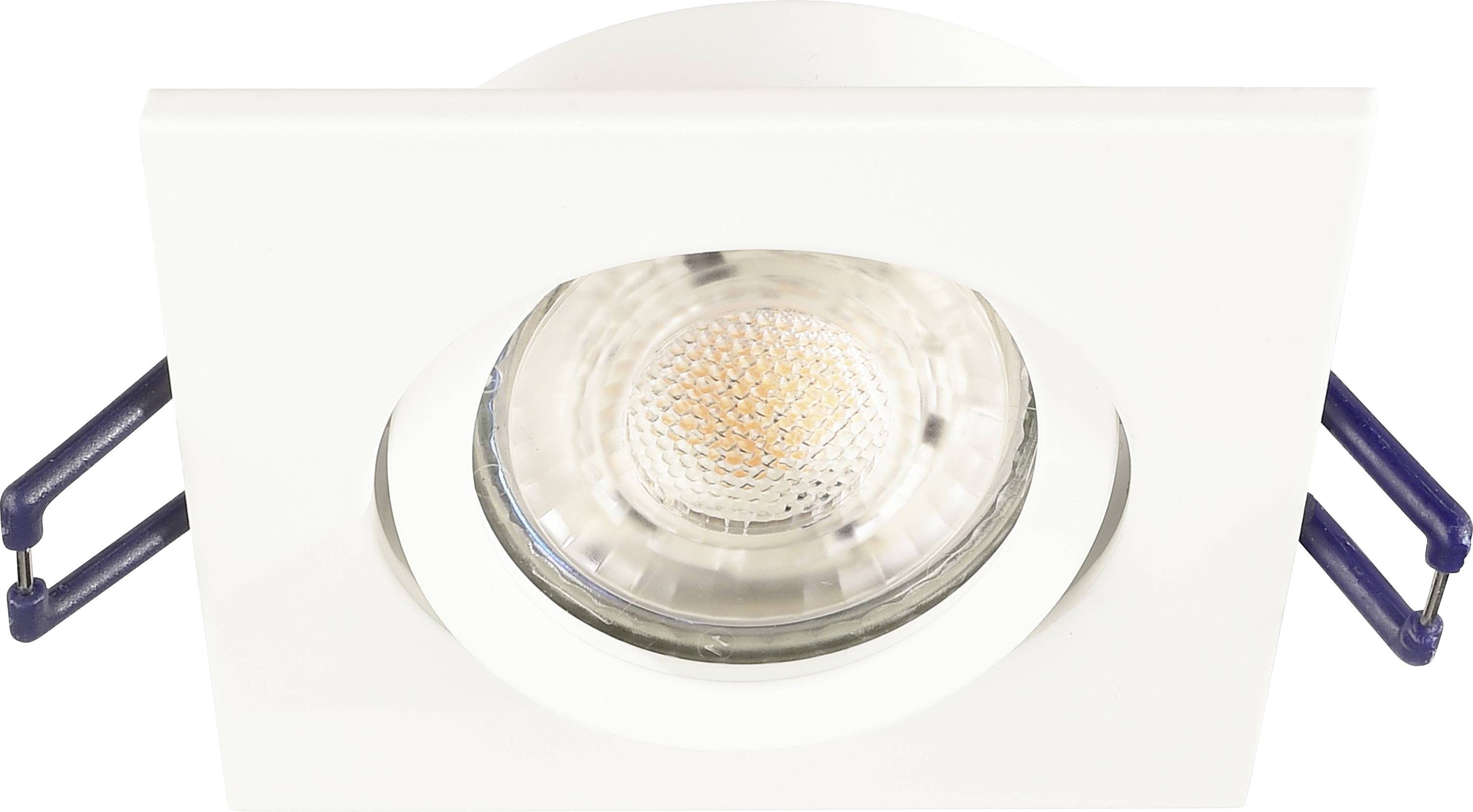 Fehér négyzet alakú LED-süllyesztett lámpa, kerek lámpával a középpontban, két kék rögzítőkapoccsal az oldalán.