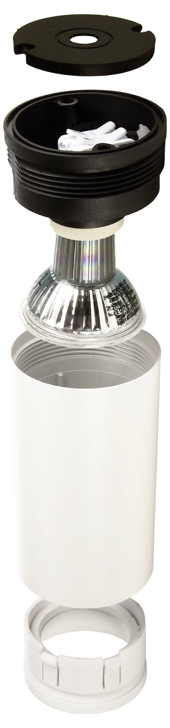 LED-lámpa robbantott ábrázolása lencsével, reflektorral, hűtőtesttel és házzal. Bemutatja a belső szerkezetet és komponenseket.