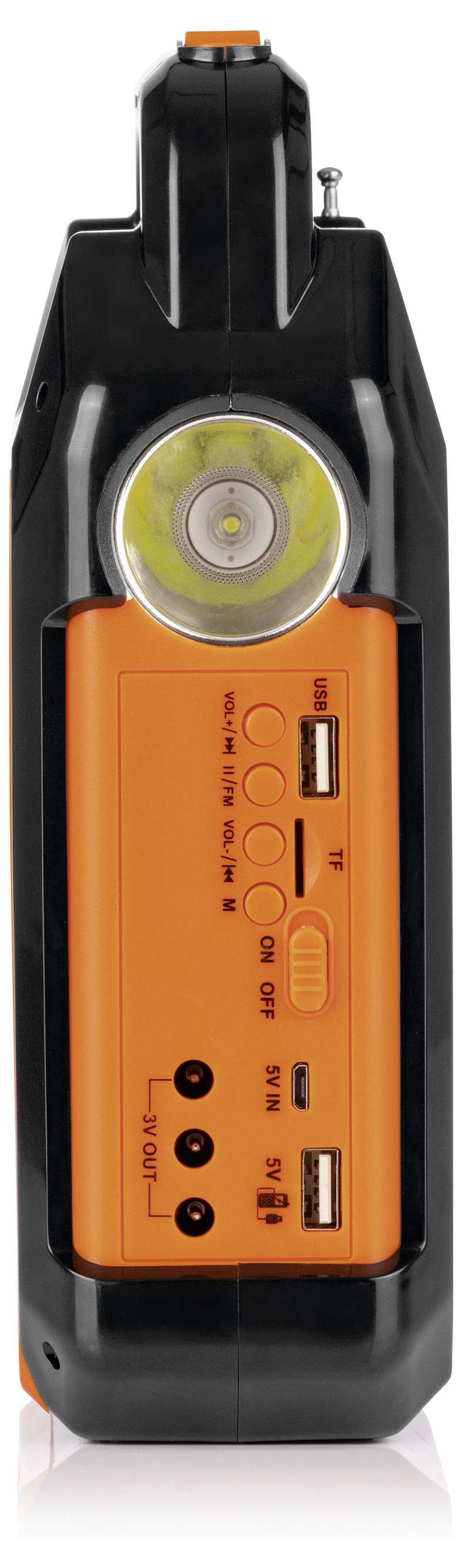 Egy narancssárga-fekete hordozható készülék, amely napelemmel, kézi hajtókarral, USB-csatlakozókkal és zseblámpa funkcióval rendelkezik vészhelyzetek esetére.