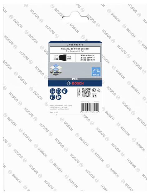 Bosch HEX 28/30 padlókaparó csereeszközkészlet csomagolása, SDS-max gépekhez alkalmas, 3 darabos készlet. Fő szín: kék és fehér.