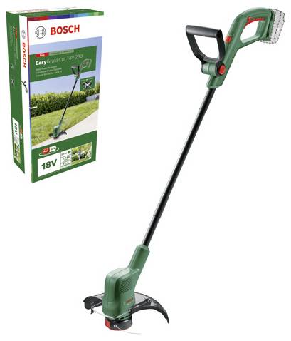 'Bosch EasyGrassCut 18V-230 akkumulátoros fűszegélynyíró' a termék csomagolása mellett. Karcsú, zöld dizájn ergonomikus markolattal.