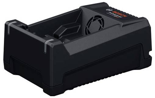 Fekete Bosch akkumulátortöltő lithium-ion akkumulátorokhoz, szellőzőnyílásokkal és karakteres dizájnnal.