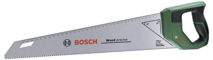 Bosch kézi fűrész zöld markolattal és ezüst pengével, 'Wood precise' felirattal és 45 fokos szögmérővel. Tökéletes precíziós famegmunkáláshoz.