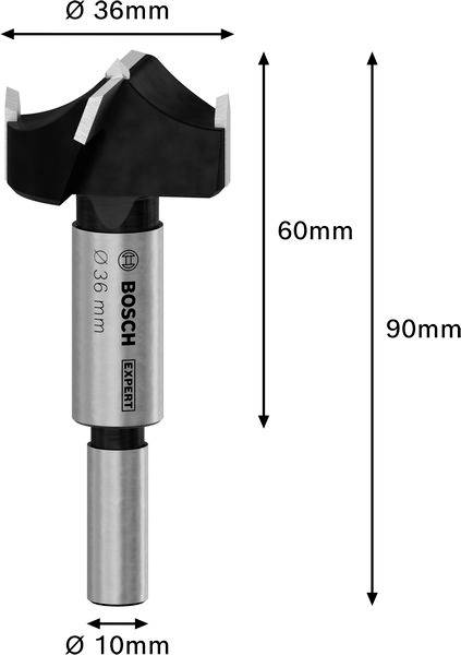 Bosch fúrófej mérési adatokkal: átmérő 36 mm, teljes hossz 90 mm, fejhossz 60 mm, szár átmérője 10 mm.