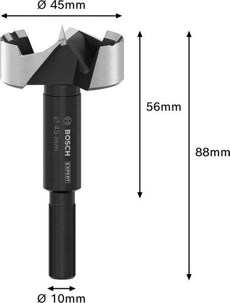 Forstner-fúrófej jelölt méretekkel: teljes hossz 88 mm, fej 45 mm átmérő, szár 10 mm átmérő.