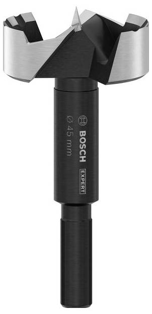 Forstner-fúrószár 'Bosch Expert', átmérő 45 mm, alkalmas precíz lyukfúrásra fában, fémhegyű éles vágóélekkel.
