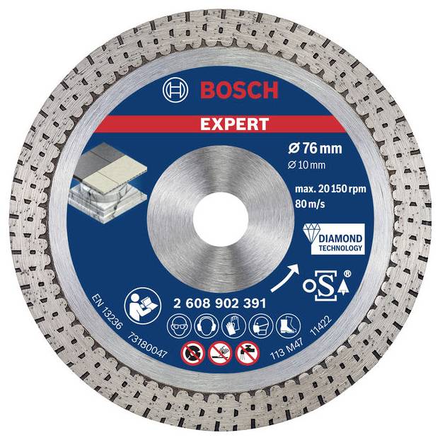 Bosch körfűrészlap 'Expert' felirattal. Átmérő: 76 mm. Max. fordulatszám: 20.150 percenként.
