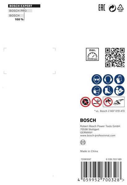A Bosch termék címkéje QR-kóddal, biztonsági és használati szimbólumokkal. Kapcsolattartási és gyártói információk a hátoldalon.