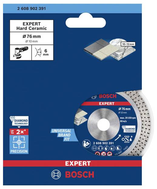 A Bosch 'Expert Hard Ceramic' gyémánt vágókorong csomagolása Ø 76 mm, technológiai és alkalmazási útmutatókkal.