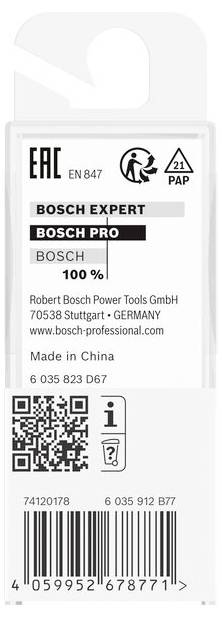 A kép egy Bosch csomagolási címkét ábrázol. Tartalmaz termékinformációkat és QR-kódot. Gyártva Kínában a Bosch Power Tools számára.