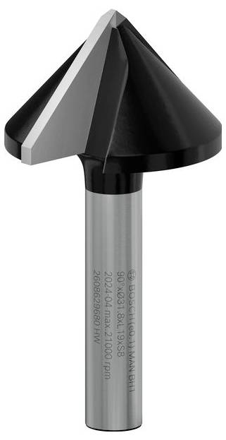 Egy hegyes, kúpos fejű és ezüst szárú maró fúrószár. Alkalmas fa és fém megmunkálására.