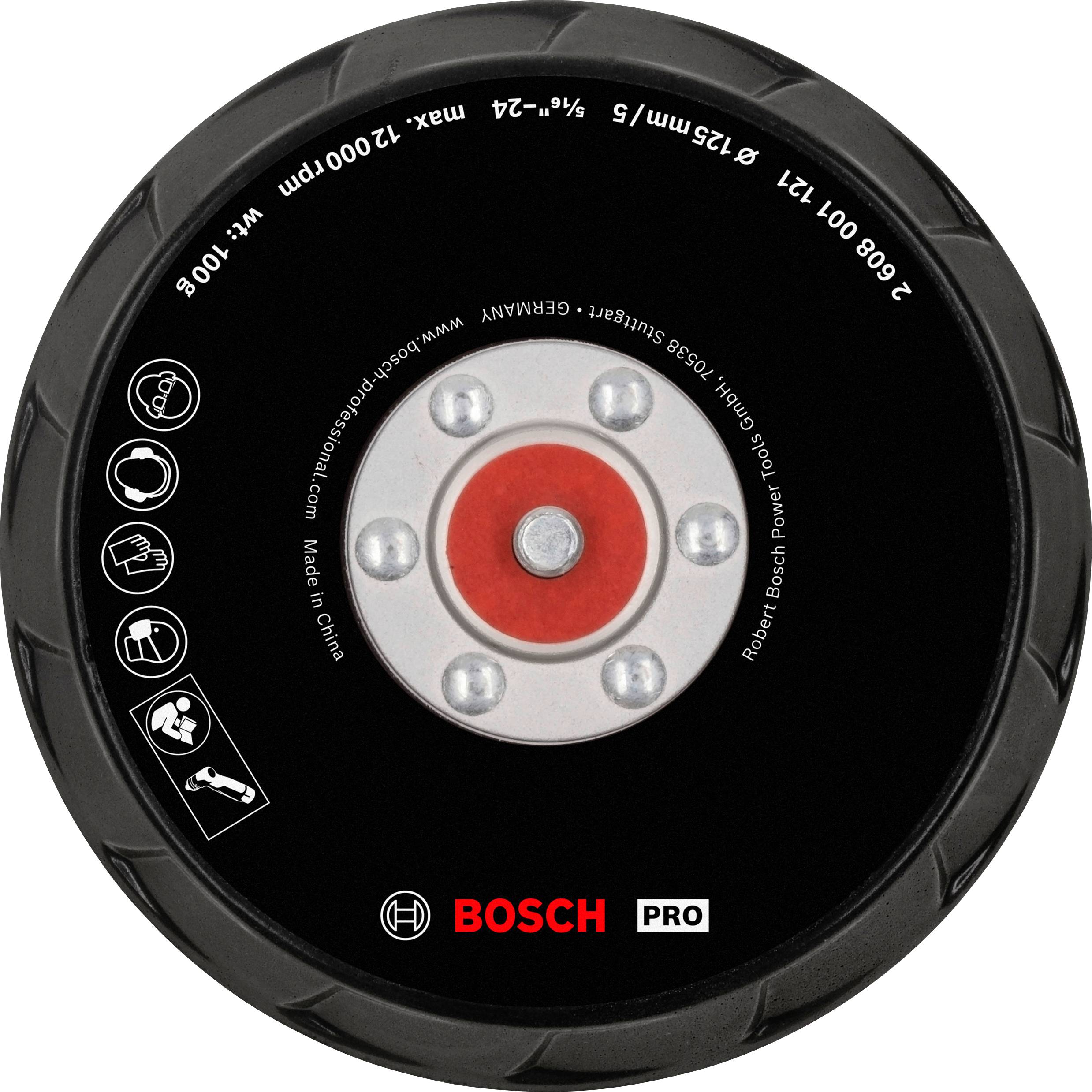 Egy Bosch Pro fekete csiszolótárcsa, maximum 12.000 ford/perc sebességű, piros részletekkel a közepén és szimbólumokkal a szélén.