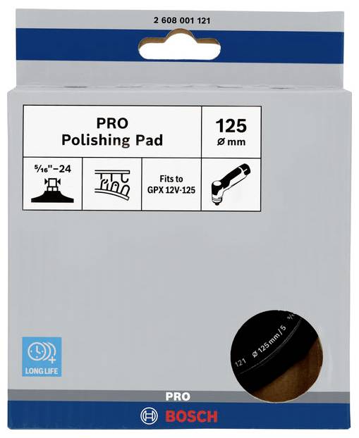 'PRO polírozó korong' csomag, amelyen egy csiszolókorong és kompatibilis eszközök képei láthatók, 125 mm átmérőjű, Bosch márka.