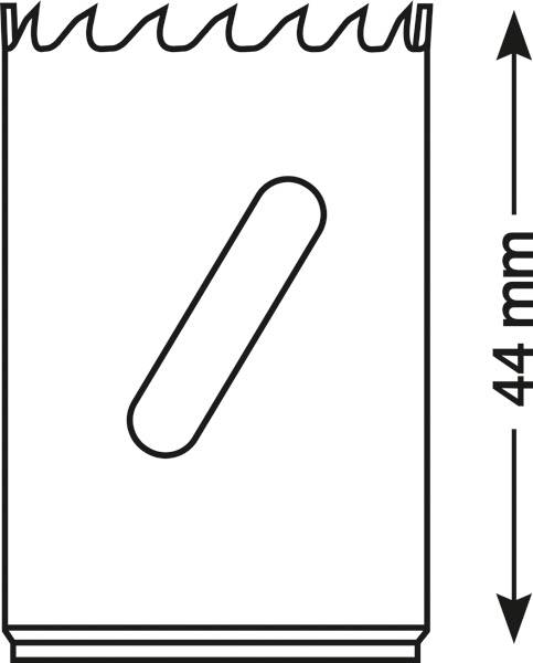 Egy téglalap alakú csomag képe, fogazott felső szélű kerettel és ovális kivágással a közepén. Egy nyíl mutatja lefelé a '44 mm' méretet.