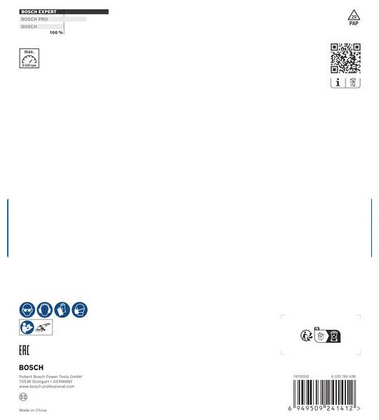 Egy Bosch Expert csiszolótárcsa fehér csomagolása QR-kóddal, termékadatokkal, biztonsági és alkalmazási szimbólumokkal.