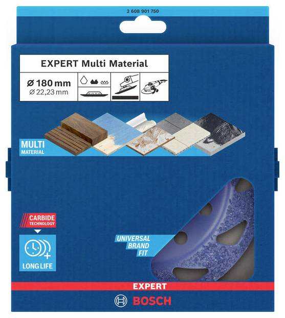 'Bosch Expert Multi Anyag' fűrészlap csomag; kompatibilis anyagokat mutat: fa, fém, műanyag; átmérő: 180 mm.