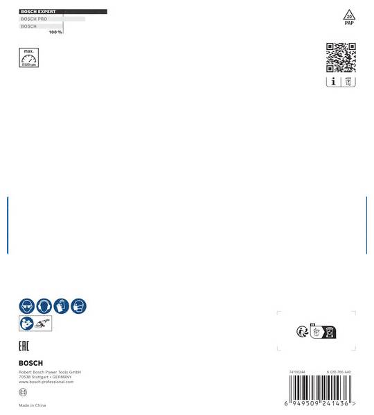 Egy Bosch fűrészlap hátoldalának csomagolása logóval, termékadatokkal, vonalkóddal, használati szimbólumokkal és gyártói információkkal.