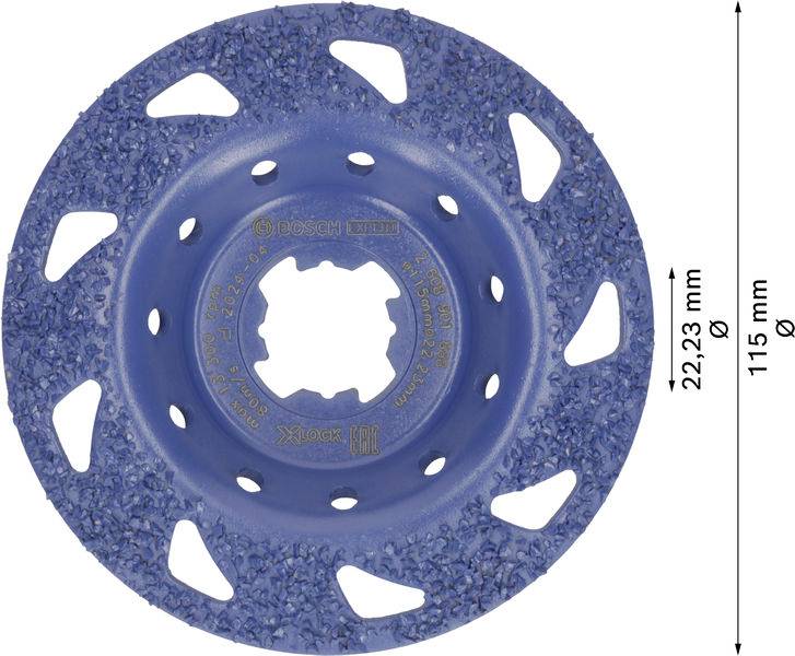 Bosch kék csiszolótárcsa, 115 mm átmérőjű, 22,23 mm lyukátmérőjű, fémmegmunkáláshoz alkalmas csiszolófelülettel.