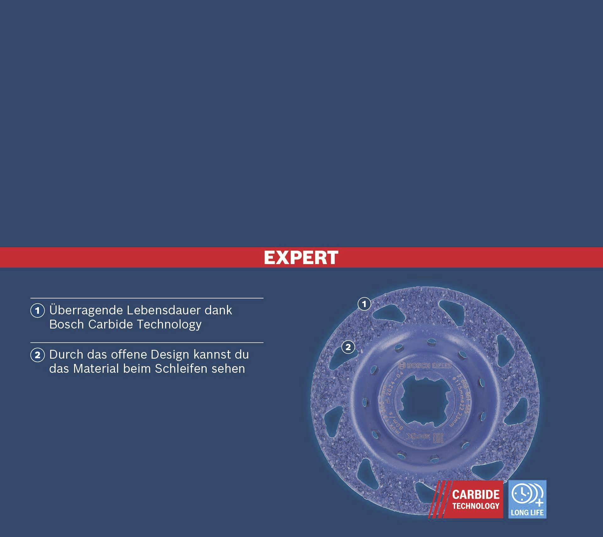 Bosch Expert csiszolótárcsa Carbide technológiával a hosszabb élettartam érdekében. A nyitott kialakítás lehetővé teszi az anyag láthatóságát csiszolás közben.