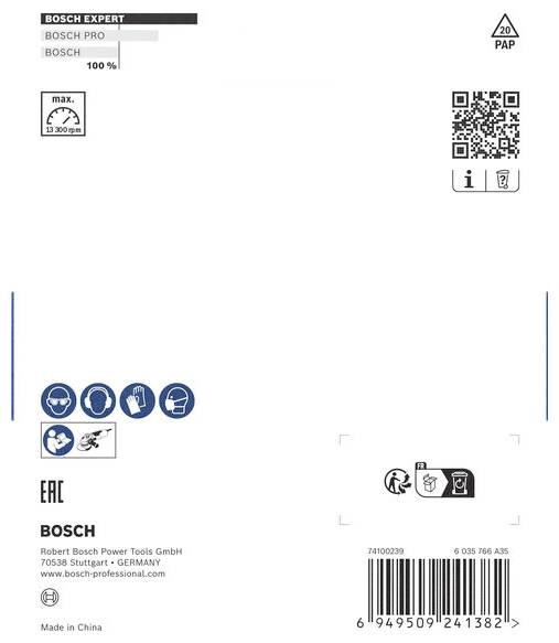 Egy Bosch-termék csomagolásának hátsó oldala logókkal, QR-kóddal és termékinformációkkal. Tartalmaz ártalmatlanítási szimbólumokat és származási jelzéseket.