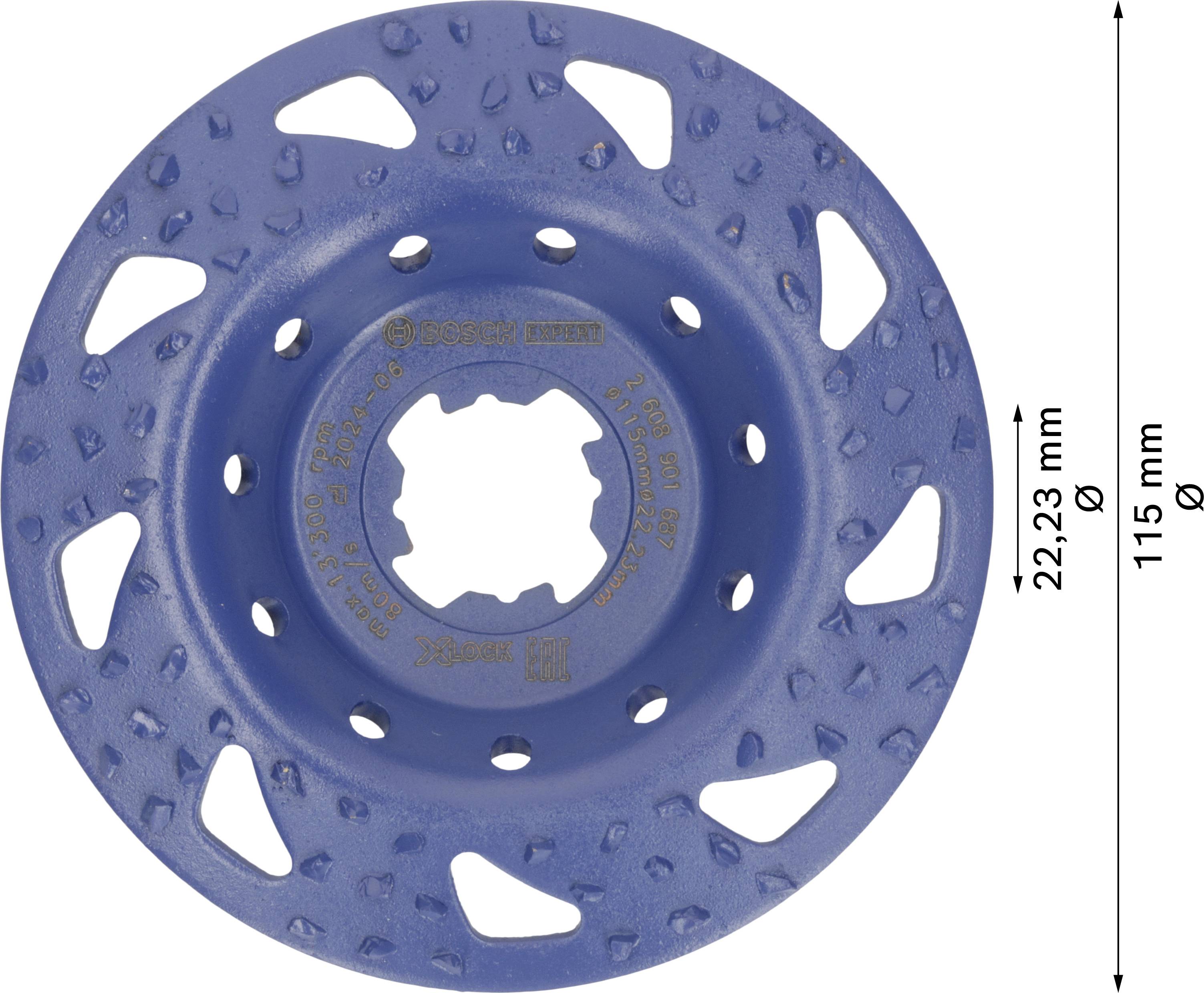 'Bosch Expert' csiszolótárcsa kék színben, 115 mm átmérővel. Felirat: '22,23 mm' és '115 mm'. Lyukasztott kialakítás forgács elvezetéséhez.