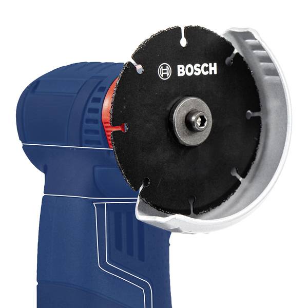 Bosch elektromos sarokcsiszoló, oldalnézetben, fémmegmunkálásra szerelt koronggal. Alapvetően kék színben.