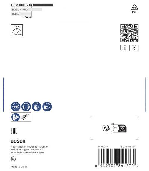 Bosch termék csomagolásának hátoldala. Felül egy logó és QR-kód, alul jelzőszimbólumok és a gyártó Stuttgart, Németország címe.